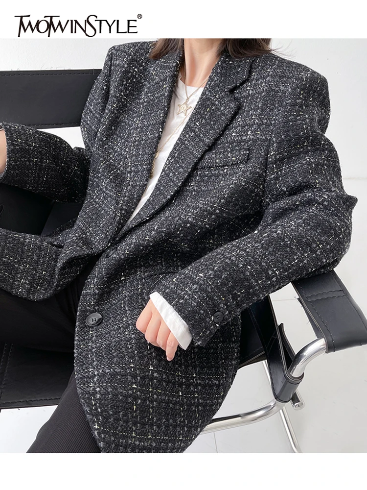 

TWOTWINSTYLE Vintage Blazer For Women Notched Collar Long Sleeve Single Breasted Patchwork Coats Female 2021 Autumn Clothing New