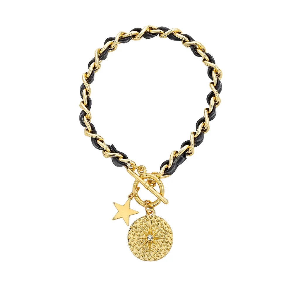 

Light Luxury Leather Rope Braided Bracelet Five-pointed Star Six-pointed Star Round Card Pendant Ot Clasp Bracelet Jewelry