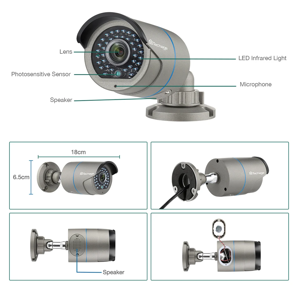 Techage H.265 1080P POE AI IP камера безопасности 2 сторонняя аудио запись звука Onvif 2MP 48В