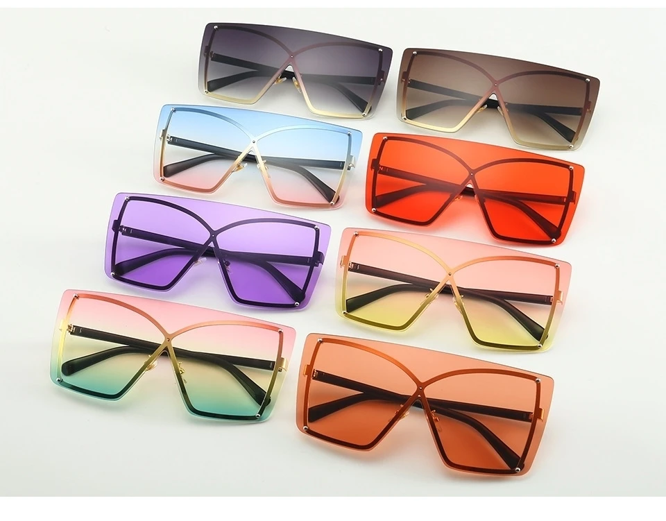 Розовые Желтые Квадратные Солнцезащитные очки для женщин, двойные цветные цельные плоские солнцезащитные очки, мужские очки без оправы из сплава, брендовые оттенки