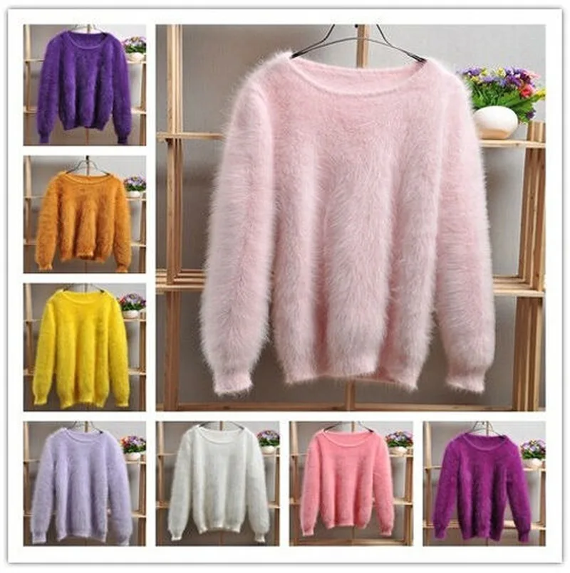 Womens Ladies Winter Rabbit Fur Mink Cashmere Warm Sweater Fluffy Fuzzy Plush Base Shirt Jumper Pullover Sweater Blouses Tops