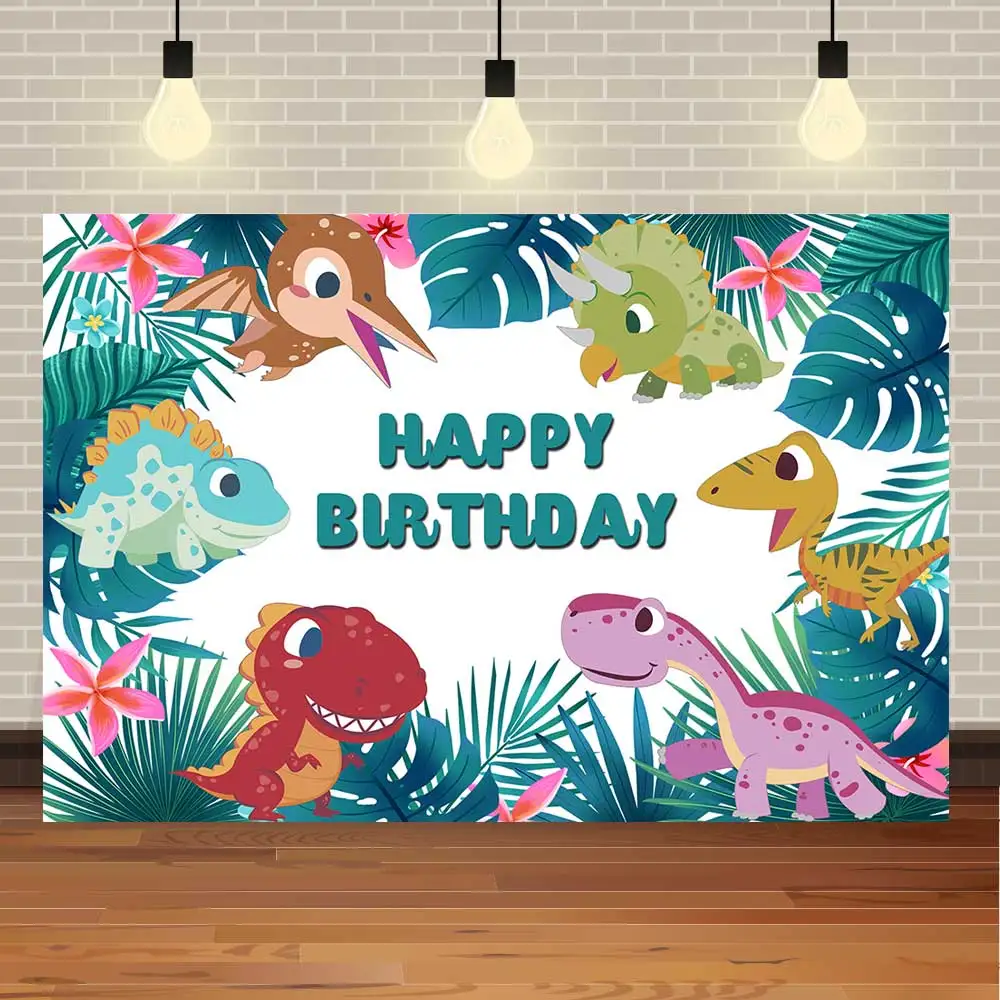 

NeoBack Happy Birthday Baby Shower Cartoon Dinosaur Jurassic Jungle Forest Party Banner Photo Backdrop Photography Background