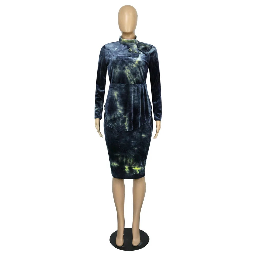 

Colorful Tie Dye Print Office Lady Pencil Dress Women Bow Collar Long Sleeve Plus Size Dress Autumn Retro Ruffles Bandage Dress