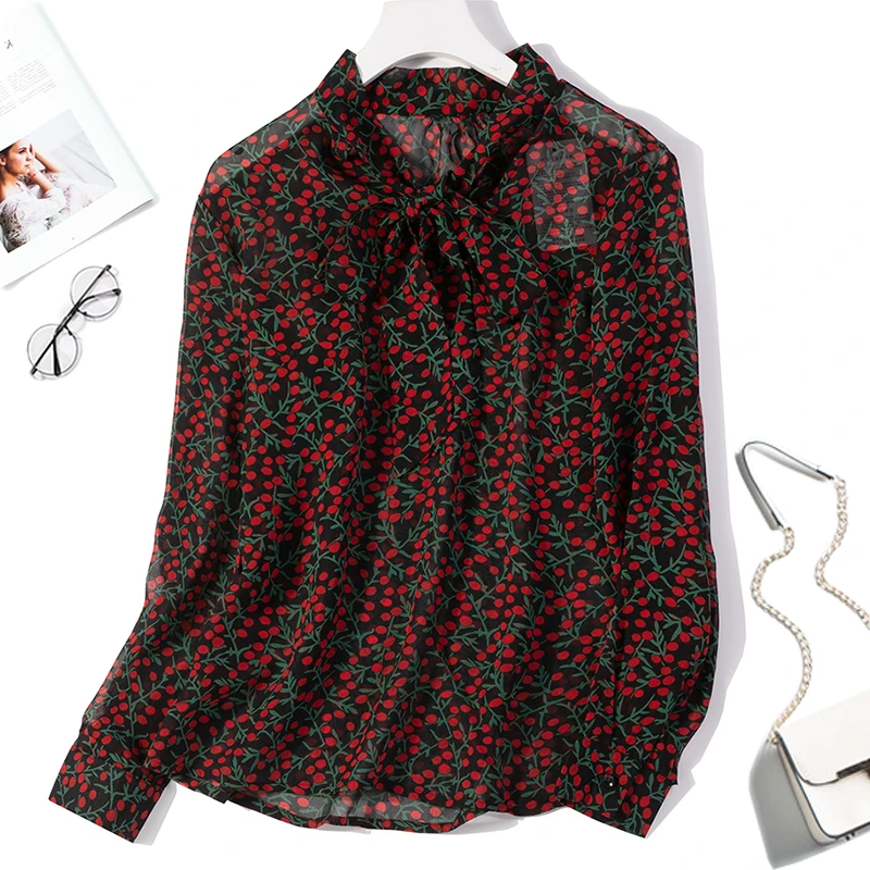 

Women 100% Mulberry Silk thin type Black printed Top Shirt Blouse Tie Bow Neck Long sleeve L XL JN573