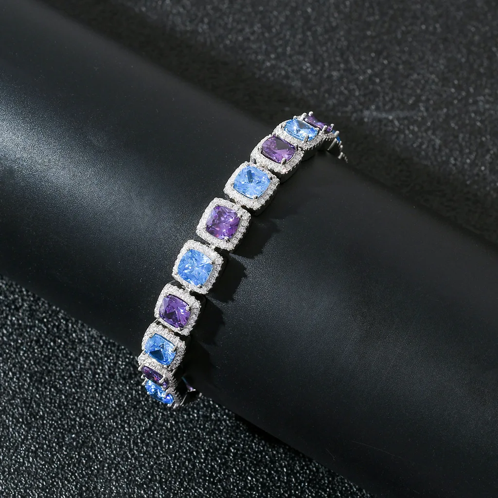 

10MM Hip Hop Claw Setting Blue Purple CZ Stone Bling Iced Out Tennis Chain Bracelets for Women Men Rapper Jewelry Drop Shipping