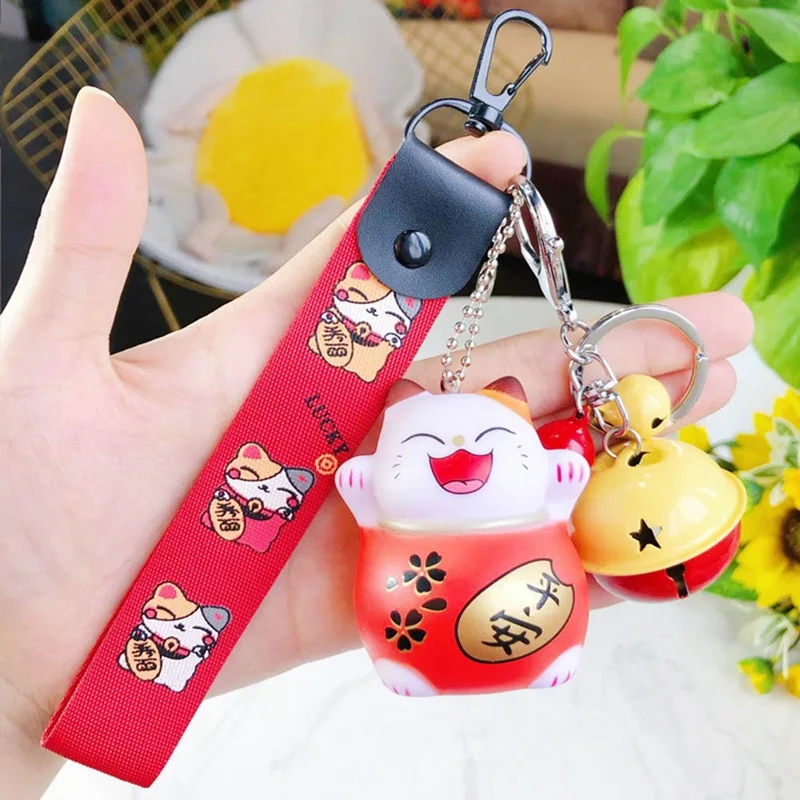

Cute Cartoon Lucky Cat Bells Keychain Key Chain For Car Bag Auto Ribbon Key Ring Holder Women Gift Purse Charm Pendant Jewelry