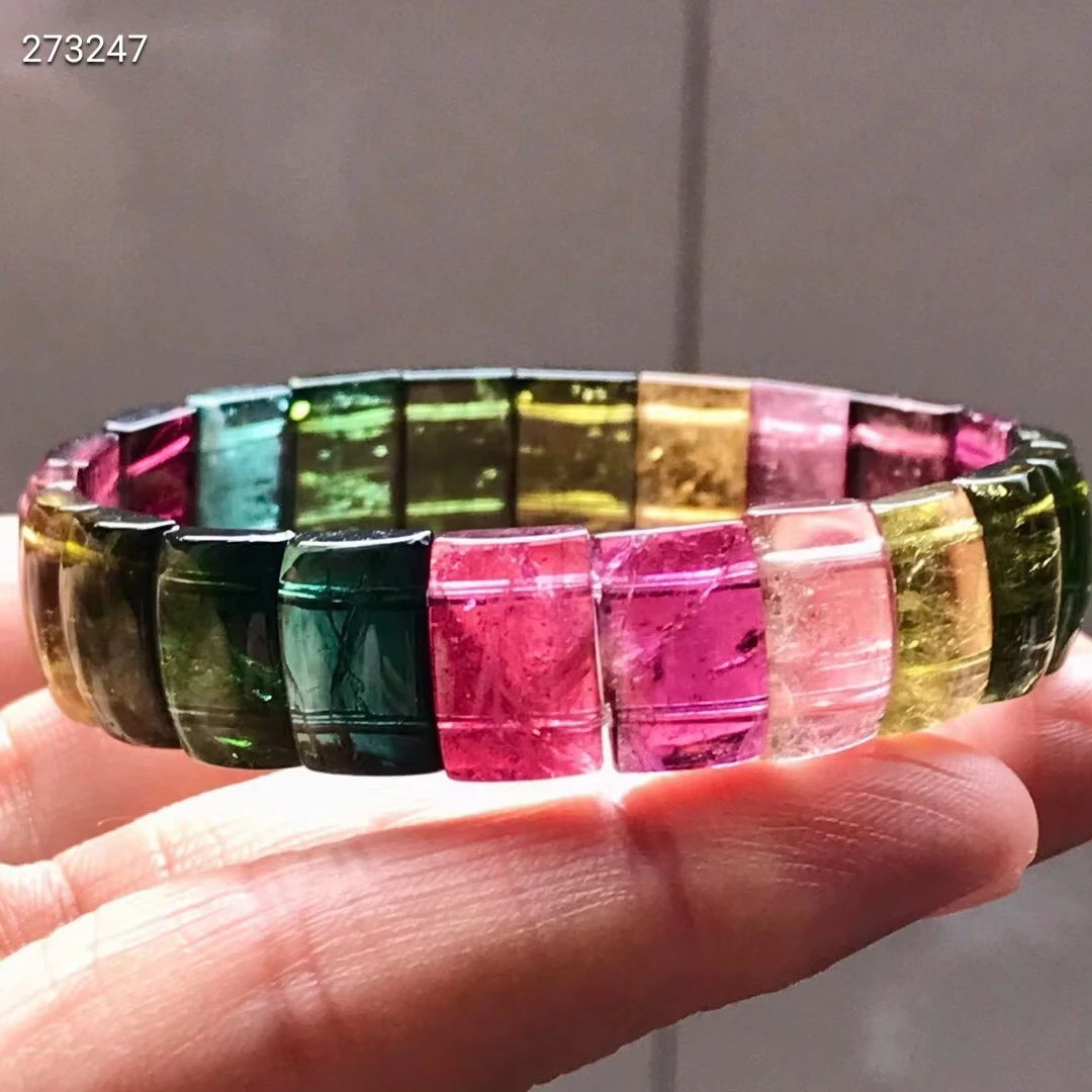 

Natural Rainbow Tourmaline Quartz Bracelet 12-4mm Clear Rectangle Beads Colorful Tourmaline Stretch Bangle AAAAA