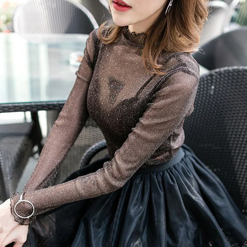 

Women Ladies Lace See-through Tops Blouse Slim Sexy Hot Mesh Shirt Black 2021 Fashion Brand New Hot Women Sexy Long Sleeve Shirt