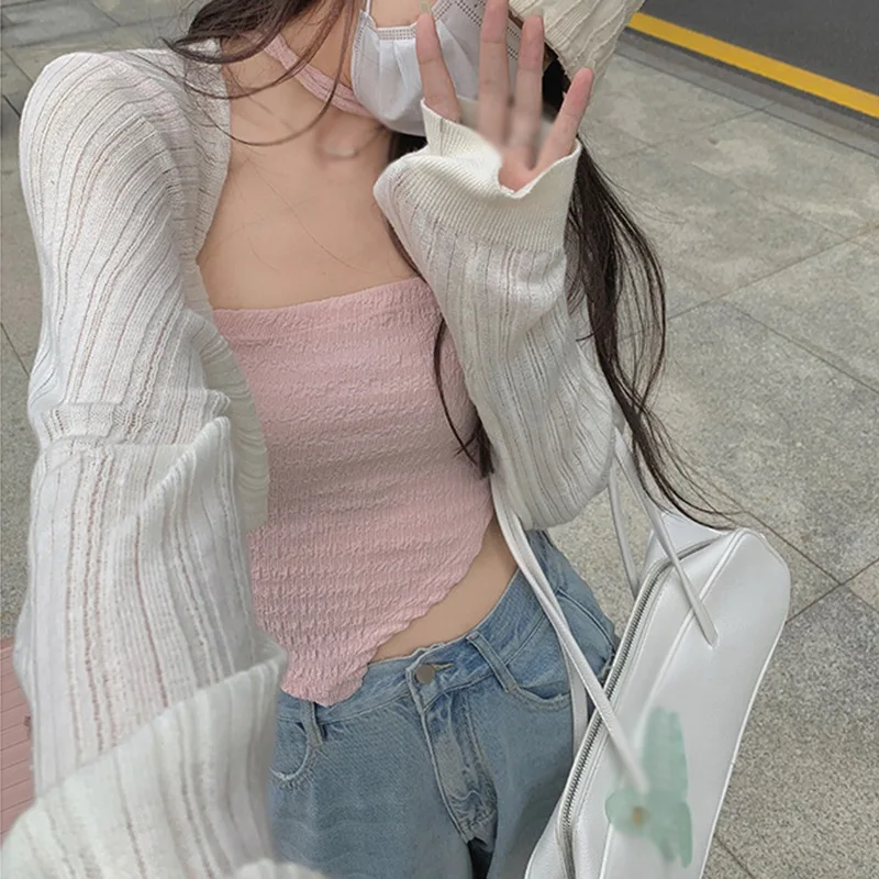 

Transparency Sun Protection Shirt Women's Autumn New Solid Color Cotton Cardigan Thin Section Outer Wear Slim Bottoming Tops