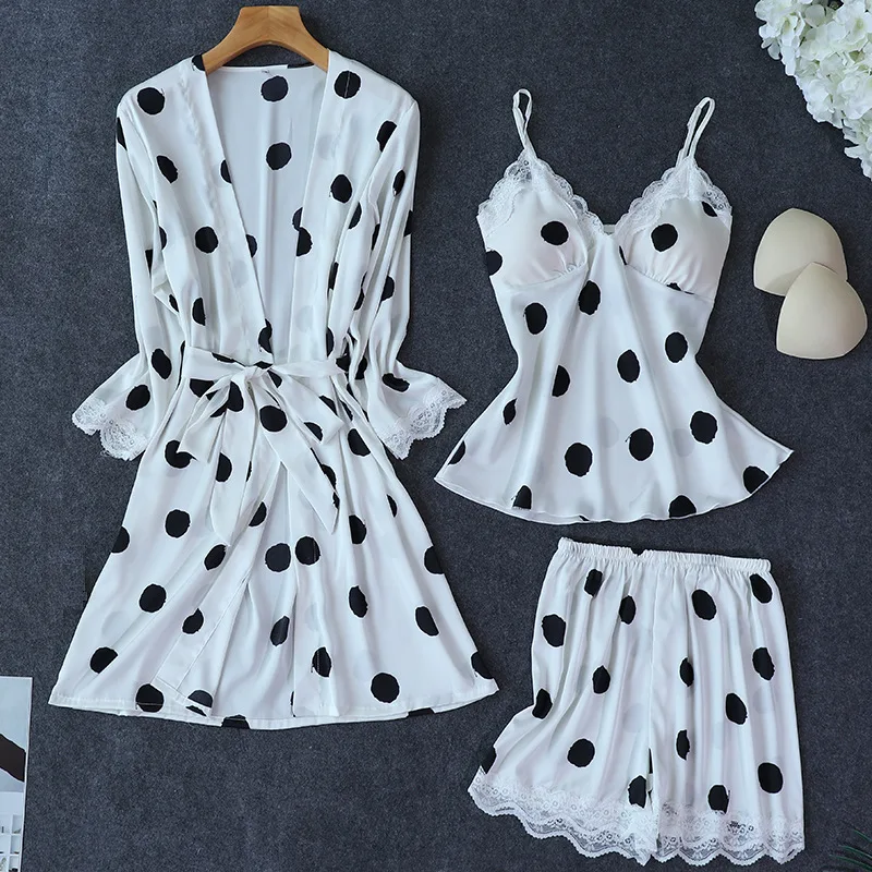 Женская шелковая пижама FZSLCYIYI в горошек комплект из 4 предметов атласная