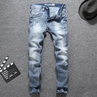 european vintage fashion men jeans retro light blue elastic slim fit ripped jeans men printed designer casual denim pencil pants