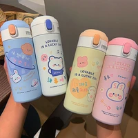 380ml cute plastic thermos water bottle with silicone straw kawaii 304 stainless steel thermal mug with lids for kids girls