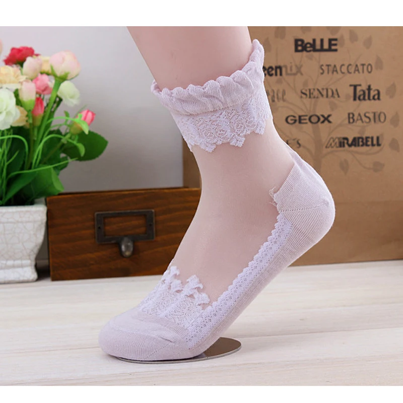 

3/5/20pair Fashion Girls Ankle Sox Female Short Socks Women's Socks Summer Thin Crystal Transparent Silk Socks Shallow Mouth