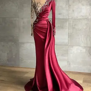Luxurious Arabic Aso Ebi Burgundy Mermaid Evening Dresses 2022 Beaded Crystals Sheer Neck Prom Forma in India