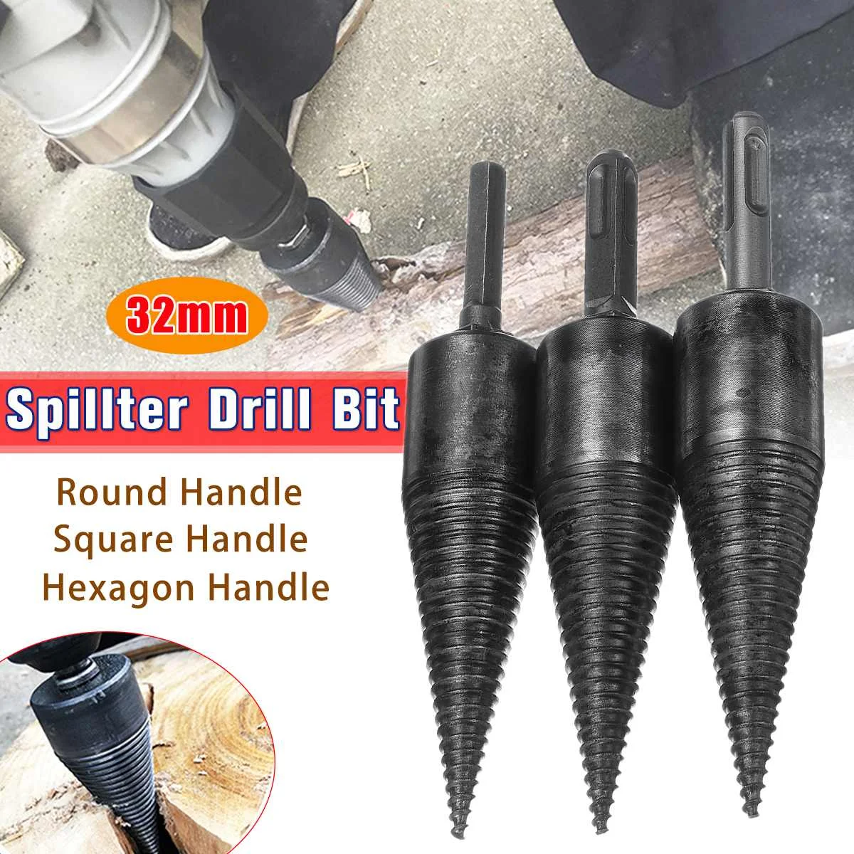 

32mm High Speed Steel Firewood Splitting Drill Bit Hard Wood Cone Splitter Bit Splitter Screw Cones Bit Square Round Hexagonal