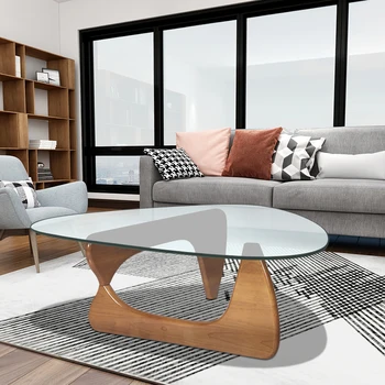 Dropshiping Tempered glass coffee table for living room furniture sofa side table triangle table walnut base glass top