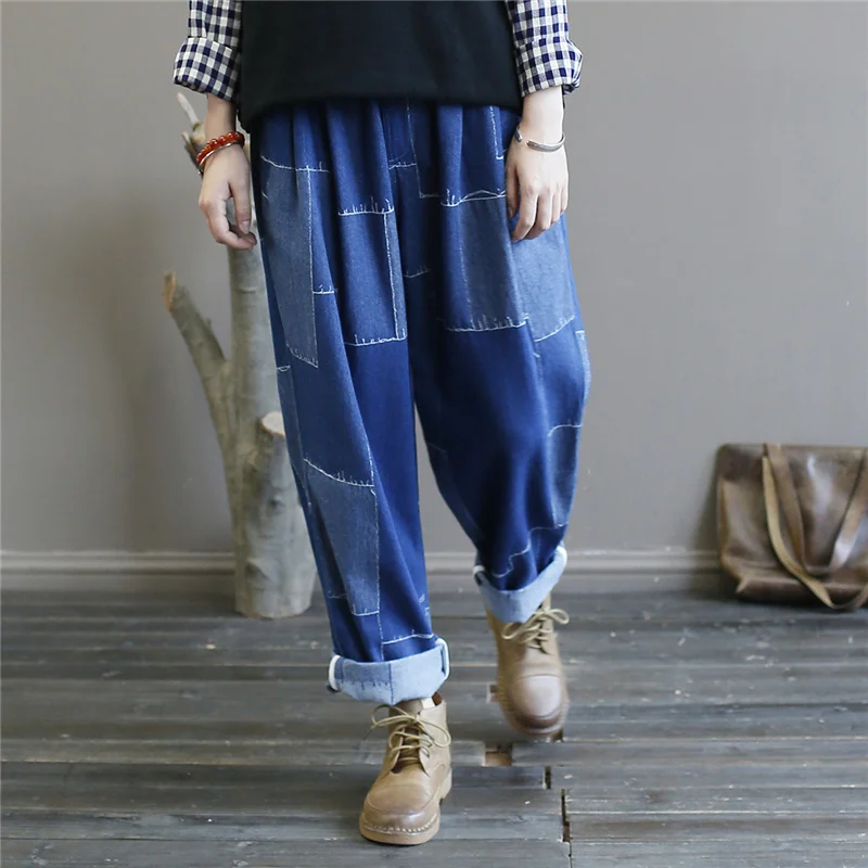 Женские Лоскутные штаны-шаровары с эластичной талией в стиле ретро хлопковые
