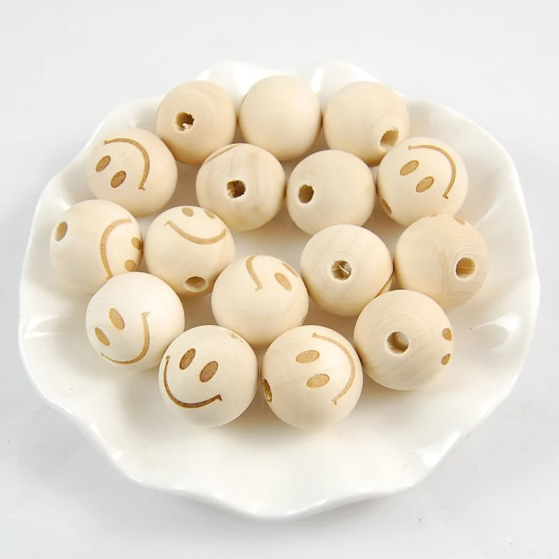 

100pcs 20mm Laser Engraving Smiling Face Wood Beads Round Loose Heart /Crown/ Five Pointed Star Wooden Bead DIY Jewelry Making