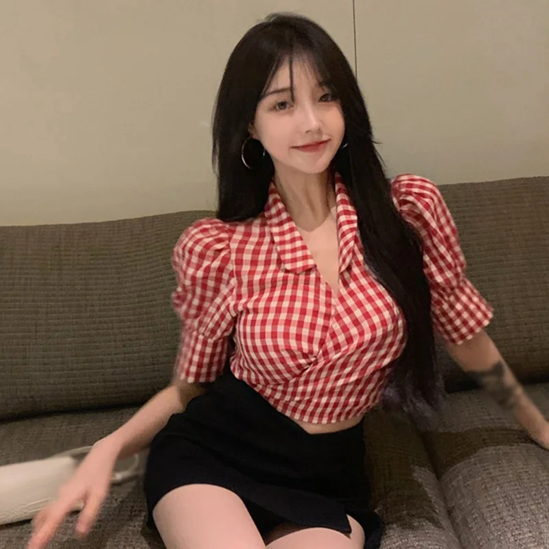 

Women Korean Style Cross V Neck Shirts Plaid Bandage Slim Sexy Expose Navel Short Sleeves Blouse Tops