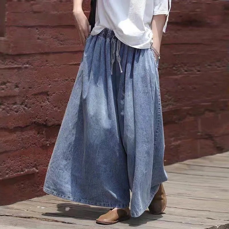 

All-match Nine-point Denim Wide-leg Pants White The New High Waist Drawstring Loose Large Size Casual Women All-match Wom Style