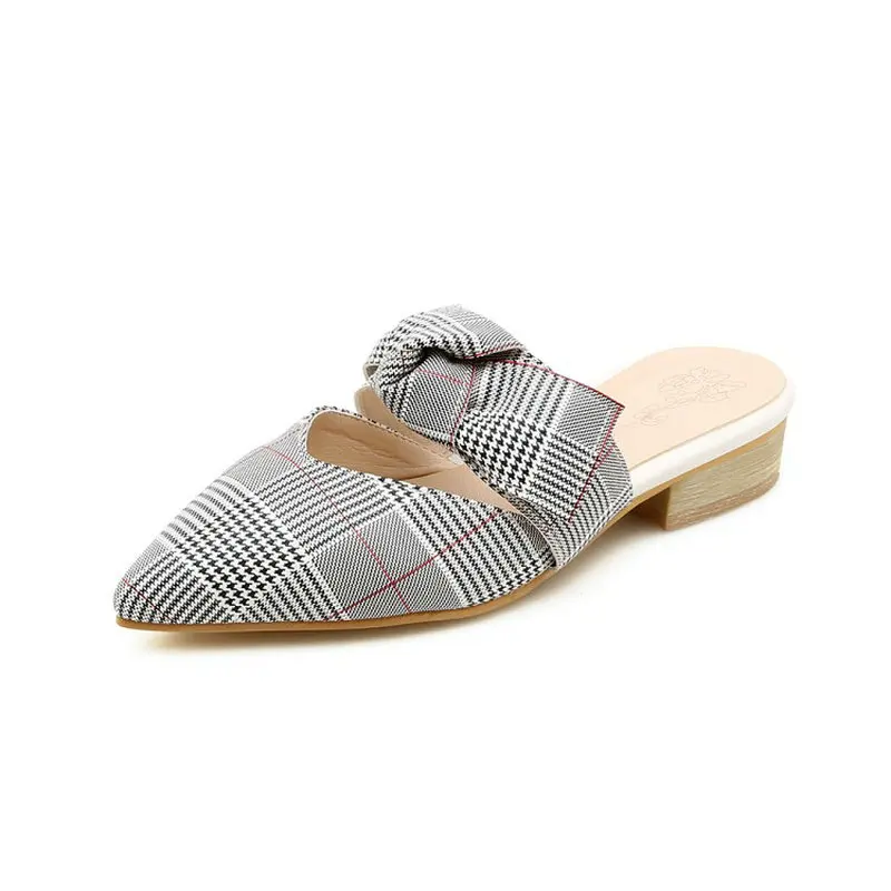 

ZawsThia 2020 summer plaid checked sweet ladies casual flats shoes woman sandals outdoor slippers slides women mules with bowtie