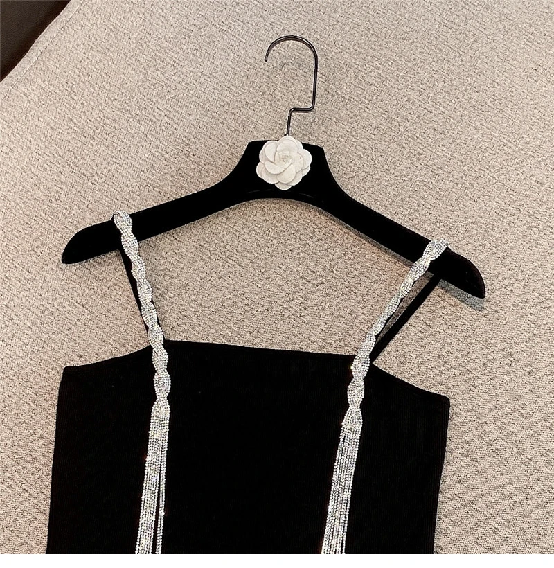 

2021 Summer New Fashion Sexy Solid Color Sling Women's Tassel Rhinestone Chain Short Knitted Camisole Ladies Tube Top