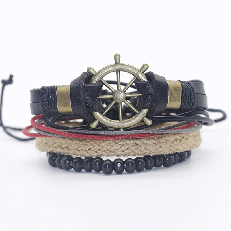 

4Pcs Charm Vintage Rudder Charm Bracelet for Men Multi-layer Leather Rope Bracelets Bangles Pulseira Masculina Boyfriend gifts