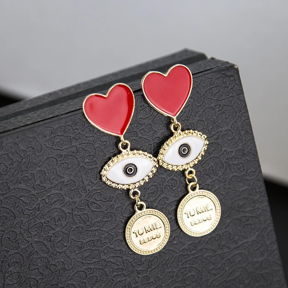2019 New Fashion Red Heart Evil Eye Coin Drop Earrings For Women Lady's Vintage Exaggerate Statement Earring Party Jewelry | Украшения