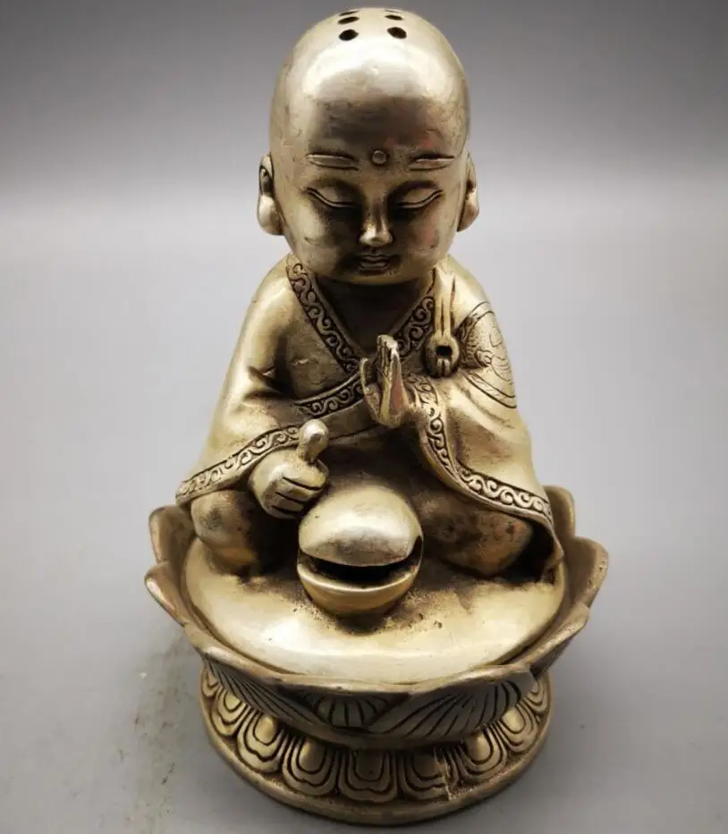 

China White copper Little monk Incense burner crafts statue