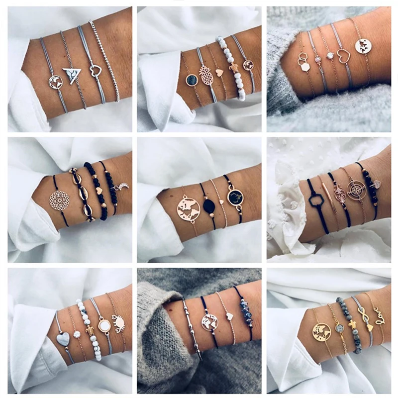 Tocona, 20 стилей, Boho, птица, черепаха, карта, сердце, лист, браслеты с элементами в виде стрел, ракушка, бусина, пальма, драгоценный камень, браслет, набор, изысканные женские ювелирные изделия