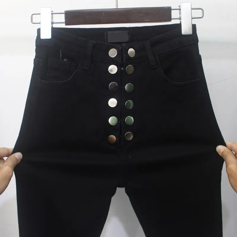 Модные женские джинсовые брюки с высокой талией на пуговицах узкие джинсы в