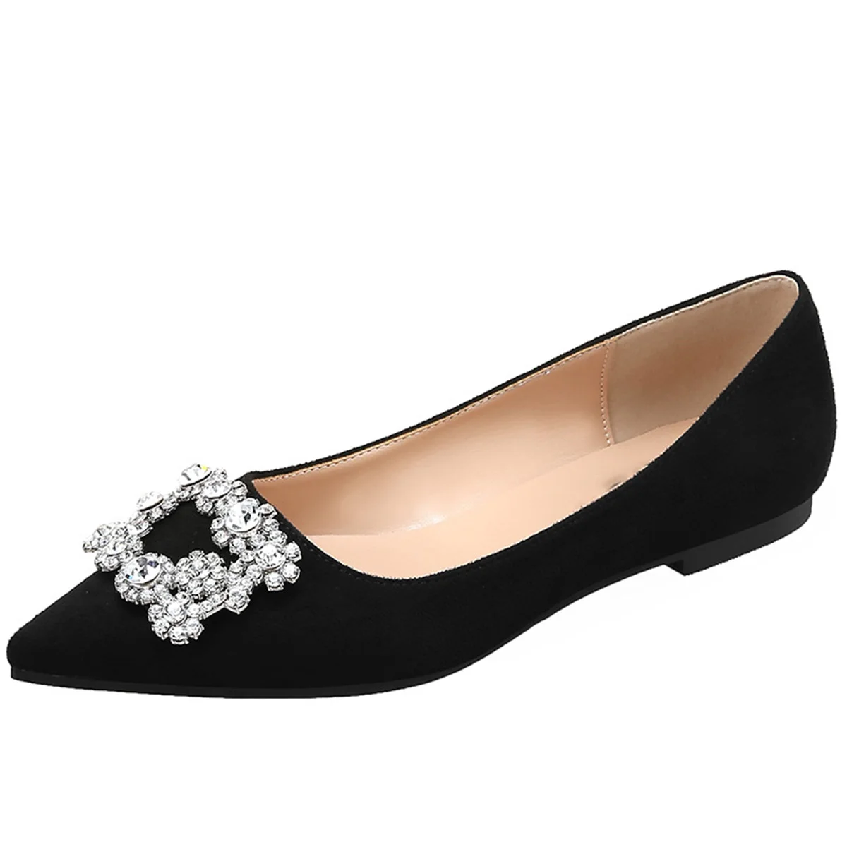 

New Style Women's Flat Shoes Pointed Toe Pumps Beautifully Rhinestone Square Buckle Decoration Casual Women's Shoe