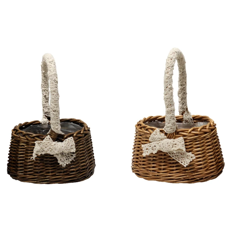 

2 Pcs Hand-Woven Small Flower Baskets with Lace Handles Coffee Color & Log Color