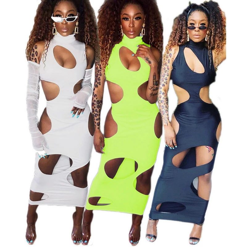 Однотонная водолазка с вырезами облегающее Бандажное платье миди макси платья