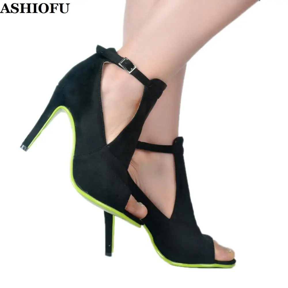 

ASHIOFU New Real Photos Women's High Heel Sandals H-style Peep-toe Party Prom Shoes Plus Size Faux-suede Evening Fashion Sandals