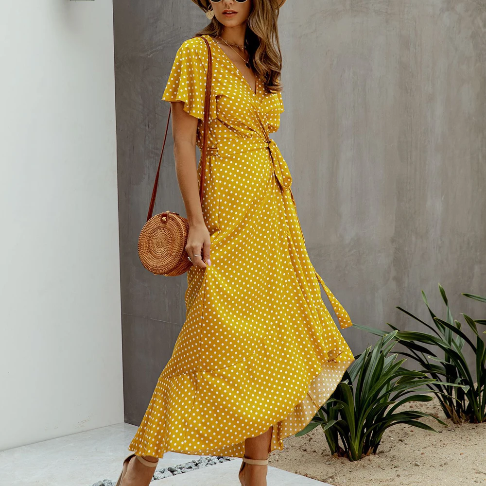 Винтажное длинное женское платье в горошек сексуальные короткие рукава с