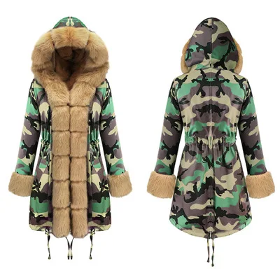 army green 3 Зимнее повседневное камуфляжное тонкое меховое теплое пальто с капюшоном для женщин, новинка, длинный рукав, флис, утолщенная Женская парка, верхняя одежда размера плюс - Цвет: army green 3