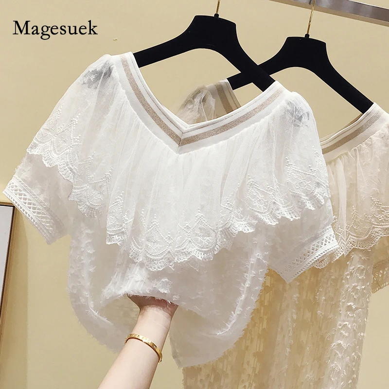 

Women New Short Sleeve Ruffle Stitching Chiffon Shirt Summer Lace Blouse V-neck Slim Sweet Solid Korean Chic Tassel Tops 13497