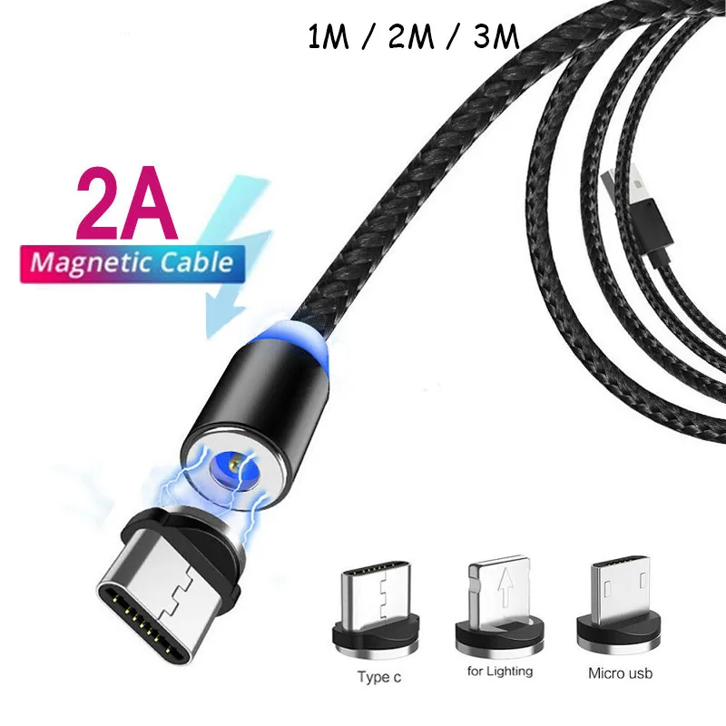 1 ~ 3M 360 ° Круглый Магнитный светодиодный кабель Micro USB C для зарядки iPhone 5 6 7 8 PLUS X XS XR
