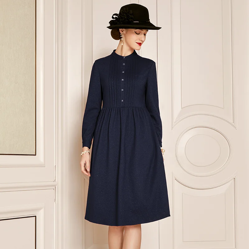 

SHZQ осень-зима 2021 Новое шерстяное платье закрывает живот и показывает тонкую кашемировую вязаную юбку синяя шерстяная юбка