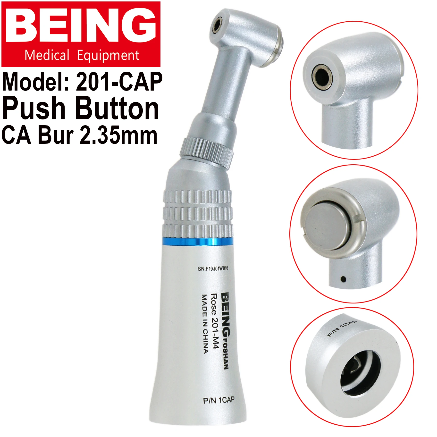 BEING Dental 1:1 Low Speed Contra Angle Straight Nose Cone Handpiece Latch Bur 2.35mm FG Bur 1.6mm Air Motor 4Holes Fit KAVO NSK