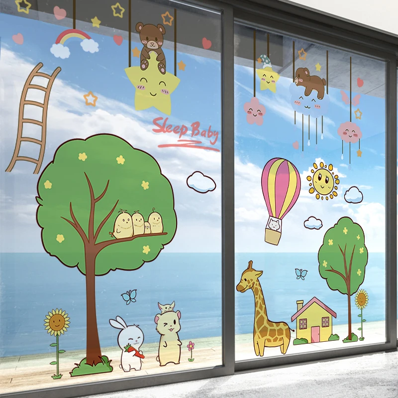 

[SHIJUEHEZI] Cartoon Animals Tree Wall Stickers DIY Stars Clouds Wall Decals for Kids Bedroom Glass Nursery Home Decoration