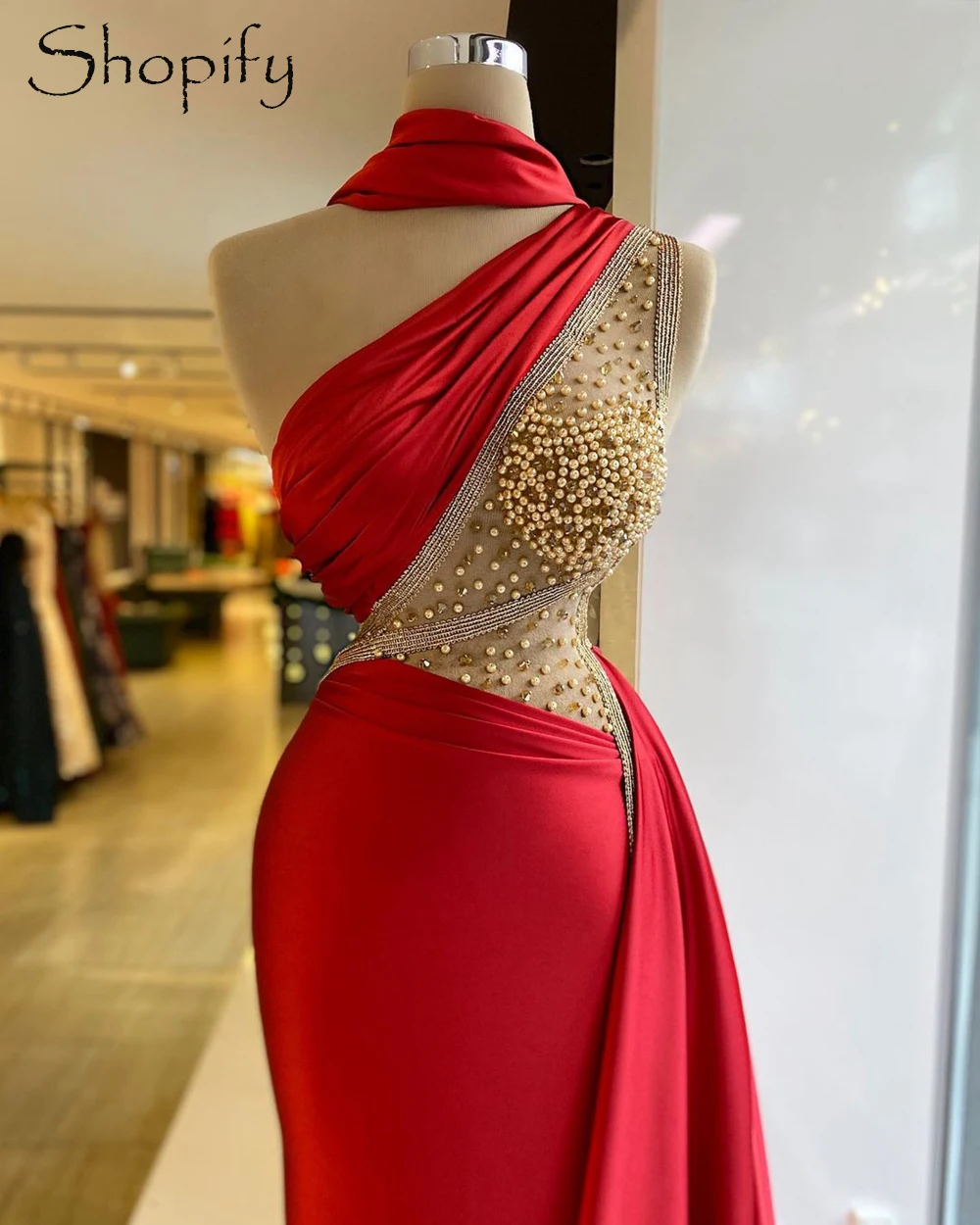 

Long Elegant Evening Dresses 2021 Straight One Shoulder Sheer Beaded Red Satin African Women Formal Evening Party Gowns