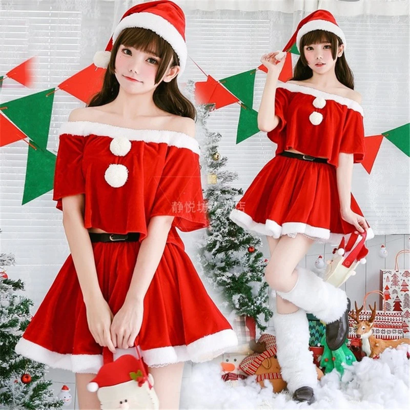 

Christmas Cosplay Costumes Off the Shoulder Tops Skirts Set with Hat Women Carnival Party Clubwear Santa Claus Holidays Costumes