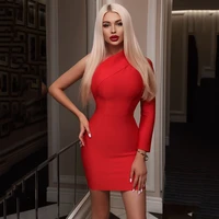 2021 autumn new sexy fashion red long sleeve one shoulder pleated bandage mini dress temperament party strapless bodycon dress