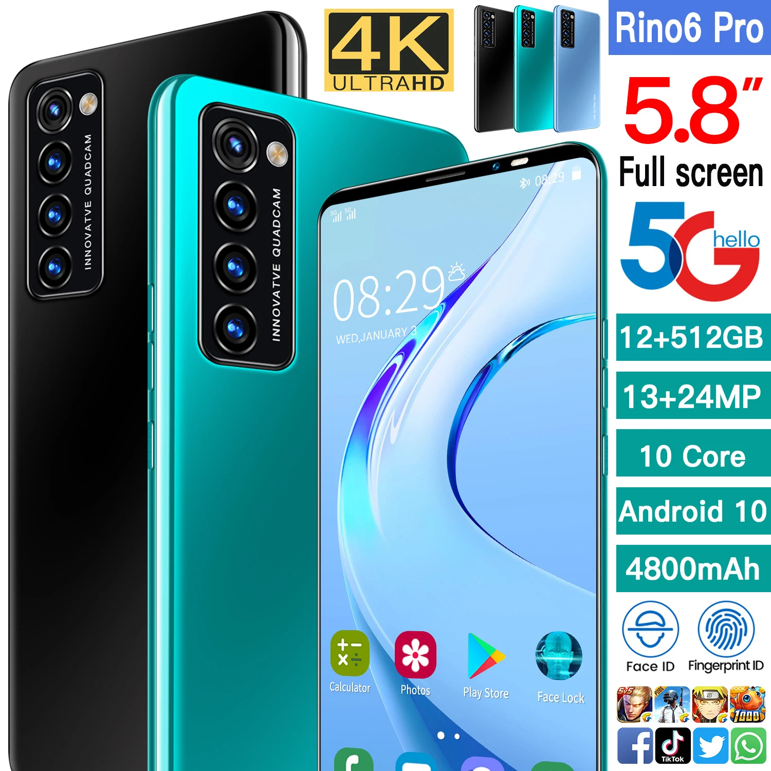 

New Product Rino6 Pro Global Version Mobile Phone 4800mAh 5.8 Inch Screen Snapdragon 888 12GB 512GB 13MP 24MP Camera Face ID