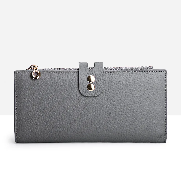 Fashion Genuine Leather Wallet Coin Purse Girl Women Wallets With Phone Case Long Clutch Bags Female Card Holder Cartera Mujer - Цвет: silver gray