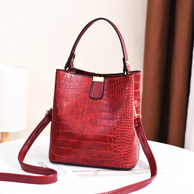 

Brand design luxury ladies bucket crocodile pattern shoulder bag designer large capacity PU messenger bag solid color handbag