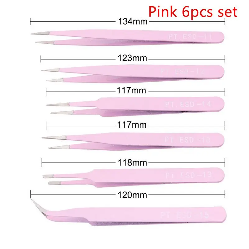 Pink 6pcs set 2, 6 штук в партии, ESD анти-статические Нержавеющая сталь Пинцет Набор Электроника техническое обслуживание набор инструментов для ремонта точность изготовление модельного ряда, набор ручных инструментов - Тип головки пинцета: Pink 6pcs set