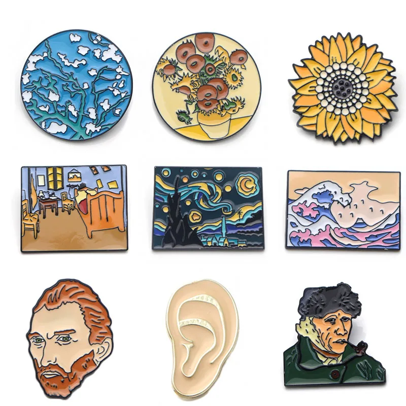 Pinos de Van Pintura a Óleo de Arte de Metal Pin e Broches Lote Atacado Gogh Esmalte Crachá Mochila Presentes Broche Pçs – 20 K339